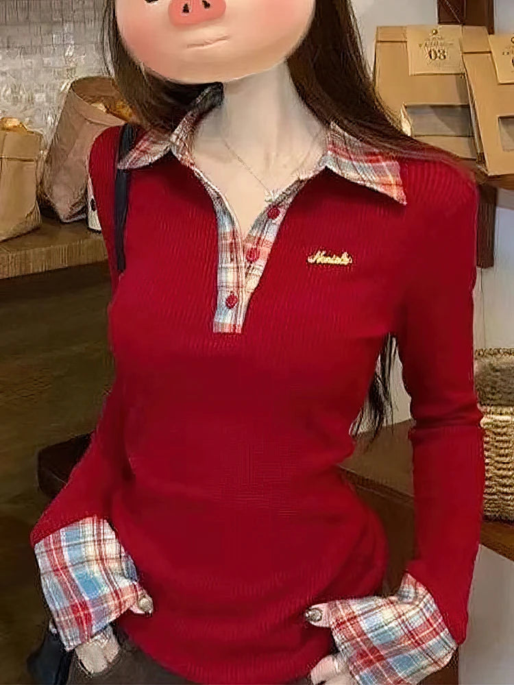 Preppy Polo Neck Plaid Long Sleeve Layered T Shirt Women Fake Two-piece Basic Top V Neck Button Blouses Tees Embroidery