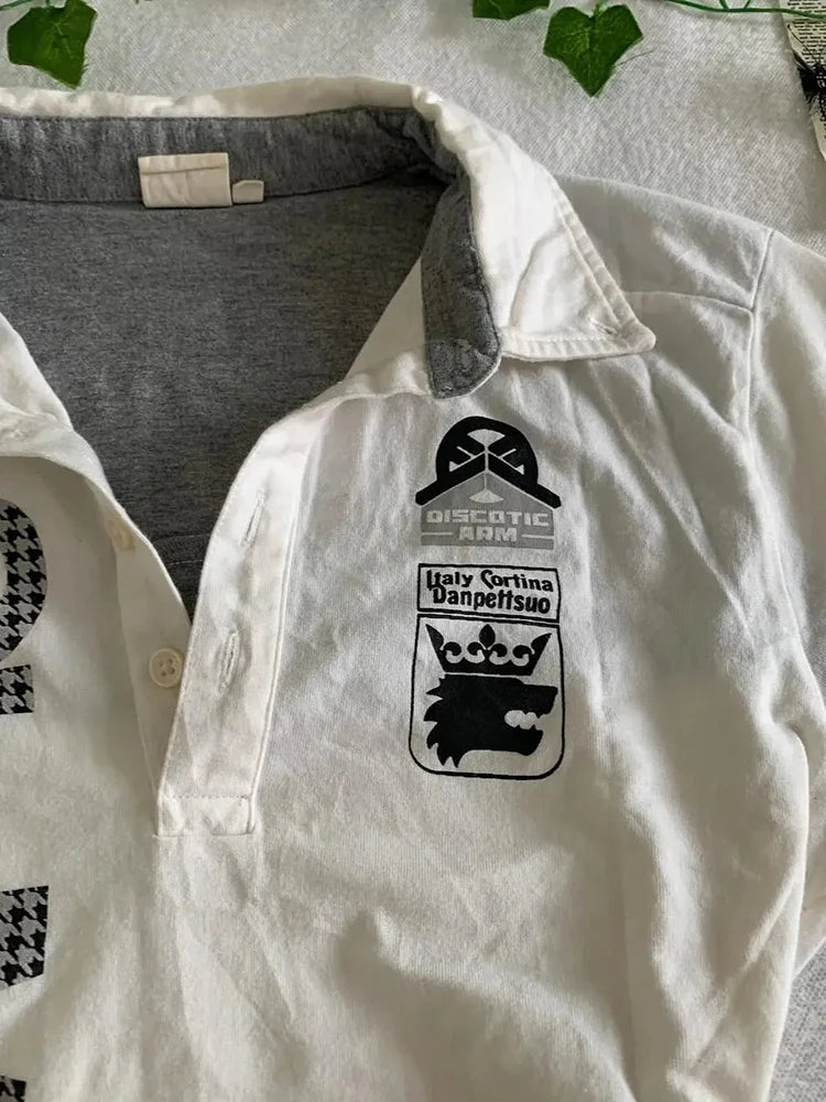 Y2K Japanese Streetwear Polo Shirt Women Slim Crop Tee 2025 White Short Sleeve Tops Letter Badge Houndstooth Vintage Harajuku
