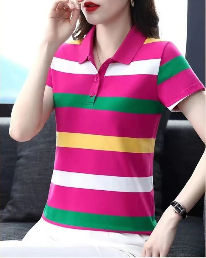 Women Summer Tops Strip Tees Sexy Vintage Short Sleeve 5XL Polo T Shirts Loose Casual Befree Boho Tees