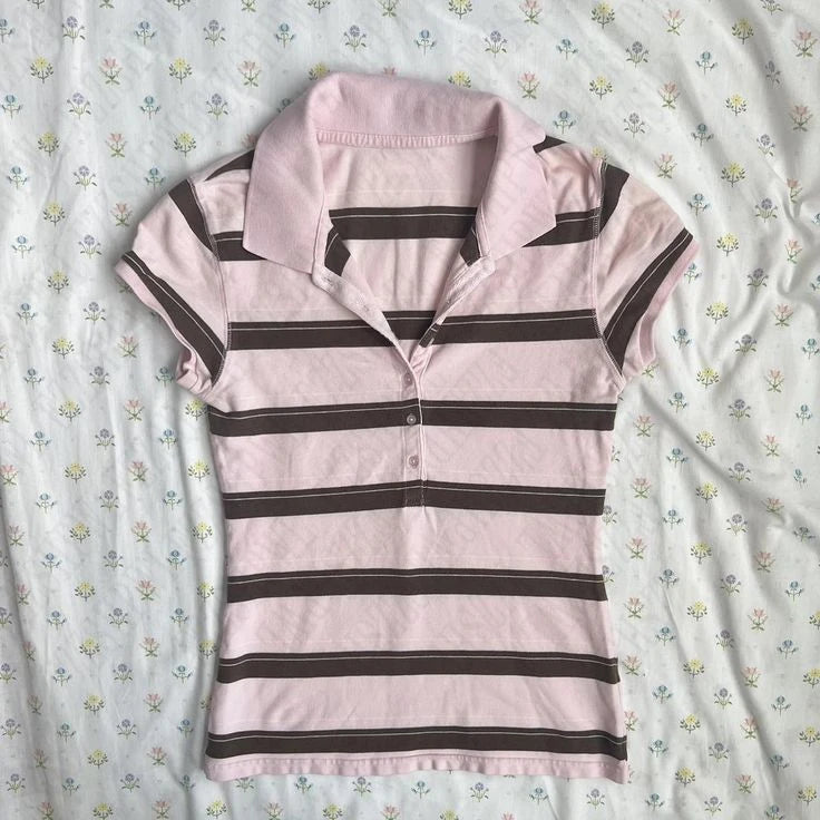 Stripes Maiden Chic Vintage Sweet Clothing Y2K Elegant Woman T-shirts Cute Slim Aesthetic Polo Tops Classic Harajuku Fashion Tee