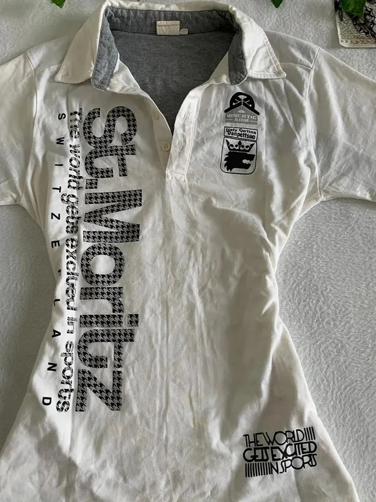 Y2K Japanese Streetwear Polo Shirt Women Slim Crop Tee 2025 White Short Sleeve Tops Letter Badge Houndstooth Vintage Harajuku