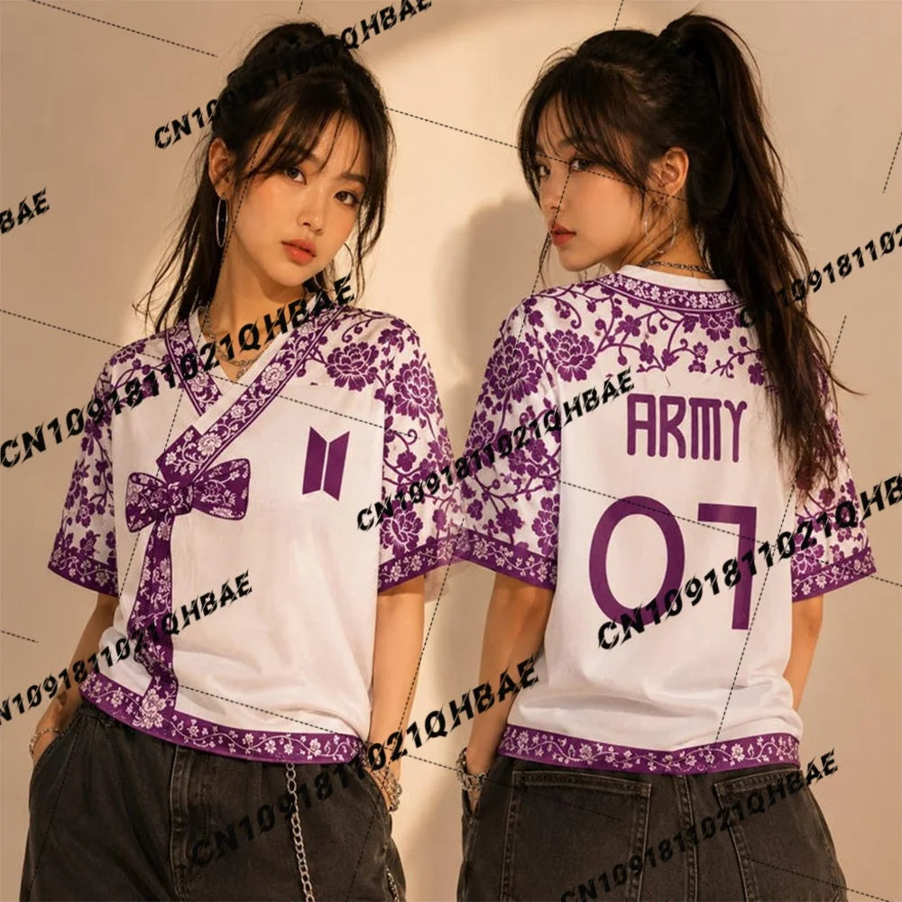 Summer Women's New 2026 K-pop Male Group Purple Short Sleeve V-Neck Korean Dress Style Loose Breathable Polo Shirt T-Shirt