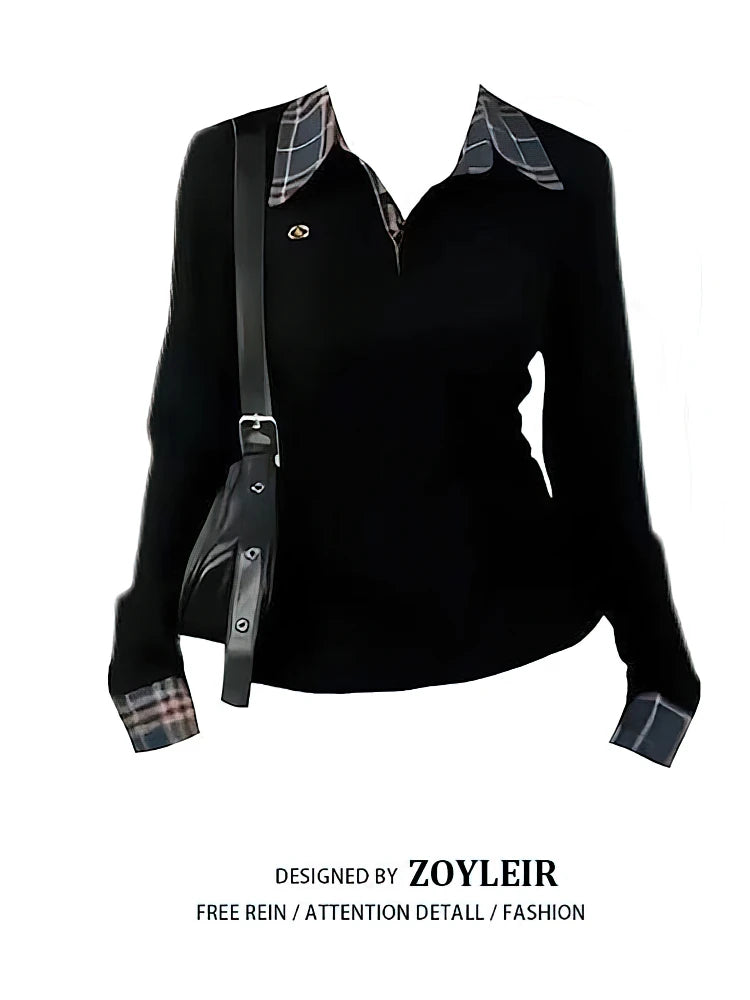 Preppy Polo Neck Plaid Long Sleeve Layered T Shirt Women Fake Two-piece Basic Top V Neck Button Blouses Tees Embroidery