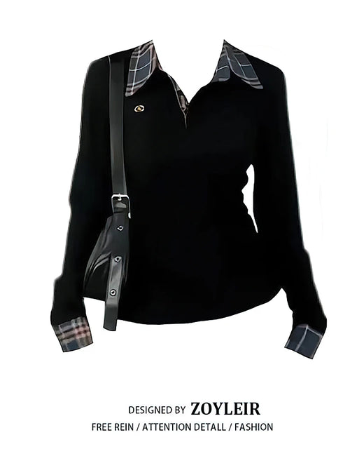 Preppy Polo Neck Plaid Long Sleeve Layered T Shirt Women Fake Two-piece Basic Top V Neck Button Blouses Tees Embroidery