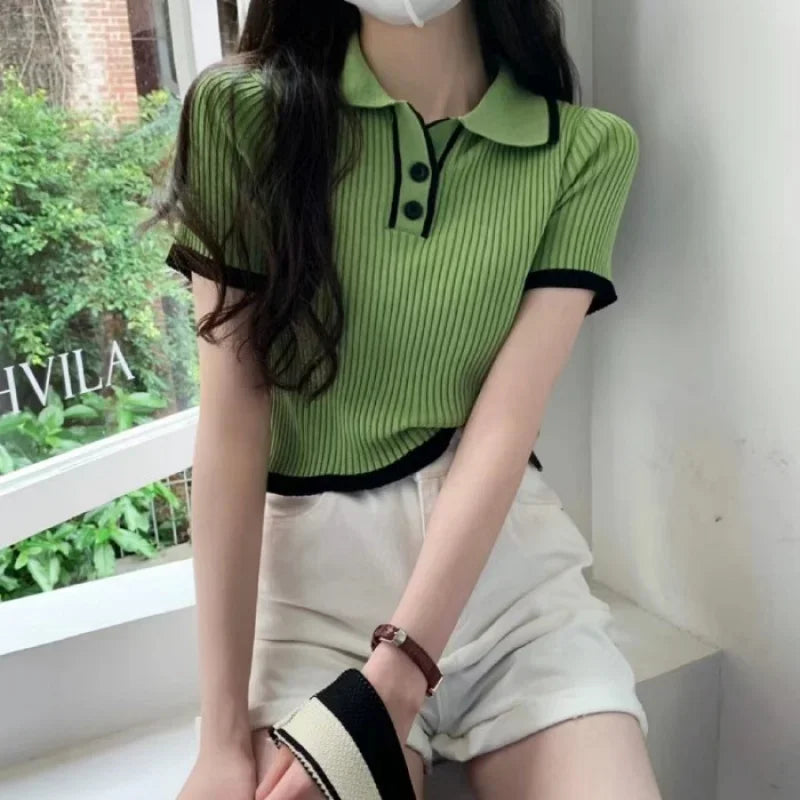 Contrast Color Polo Collar Shoulder Knitted Short Sleeves T-shirt Women's Summer Slim-Fitting Design Sense Niche Short Tops